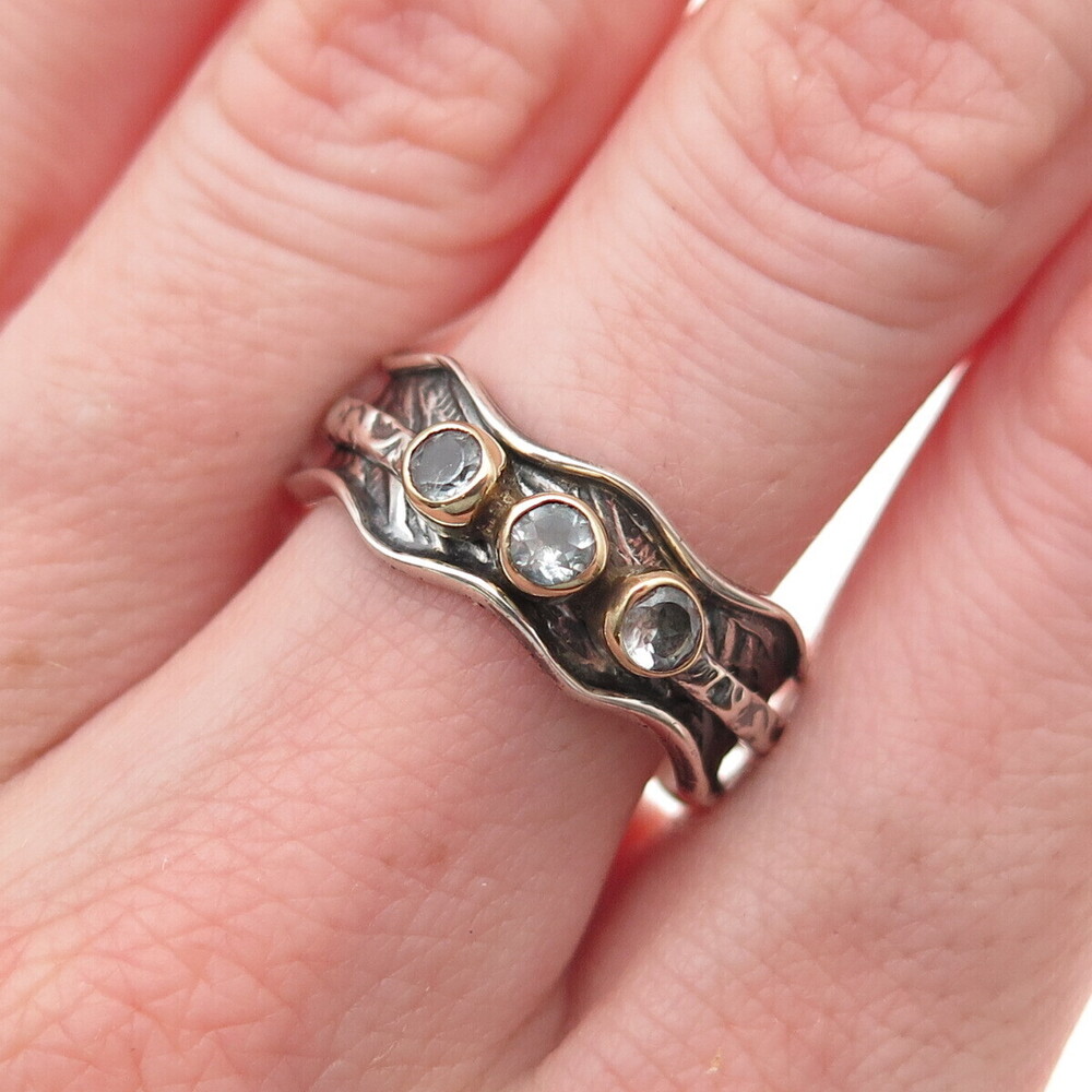 DbM Kensington 925 Sterling Silver 2-Tone Vintage Real Blue Topaz Ring Size 9